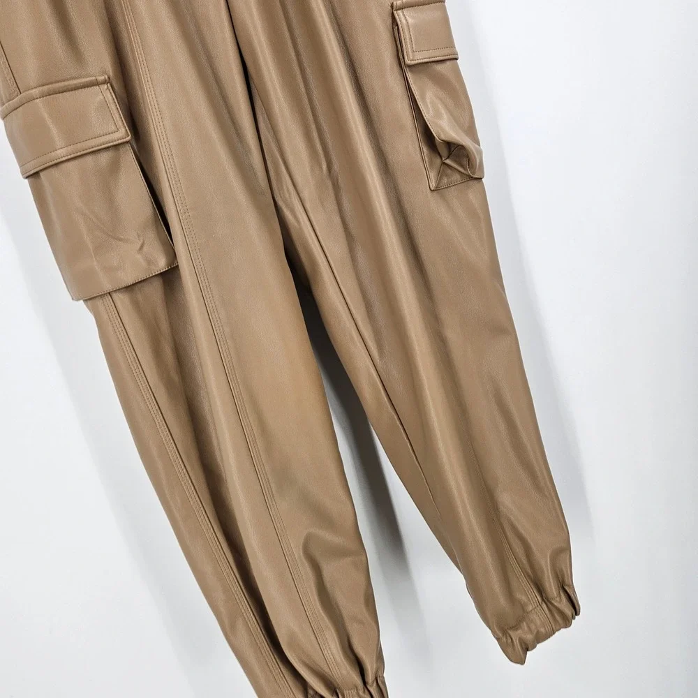 Alo Yoga Faux Leather Power Hour Jogger Pants Camel Tan High Waist Tapered Leg S
